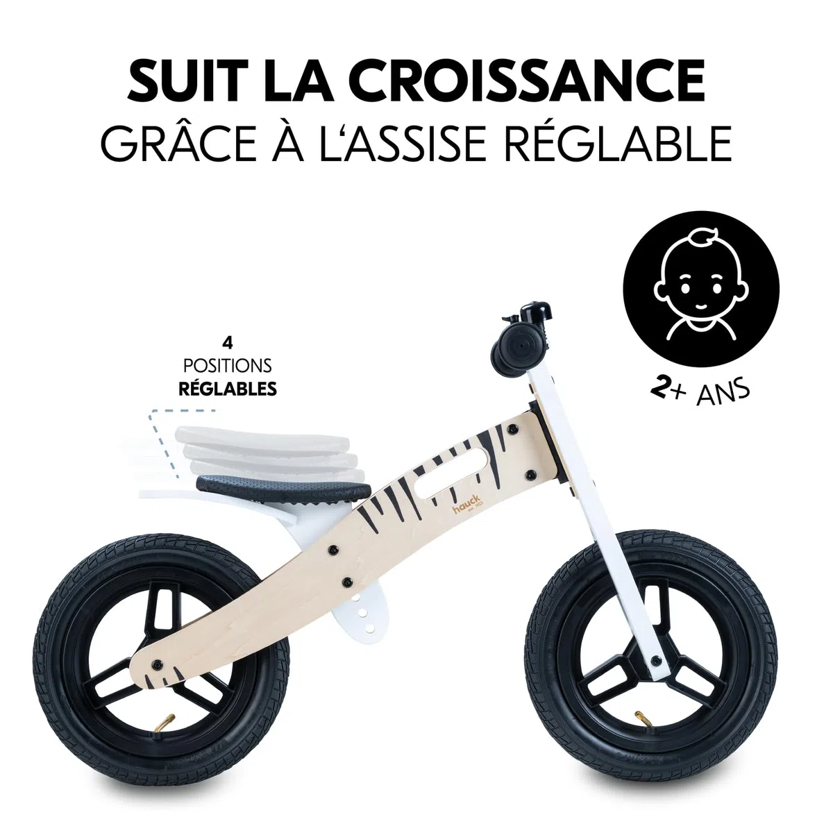 Hauck Draisienne 2 Ans Balance N Ride, Velo Bebe en Bois FSC, Supporte Jusqu'à 20 kg, Selle Réglable, Roues Pneumatiques 12 Pouces, Portable, Sonnette