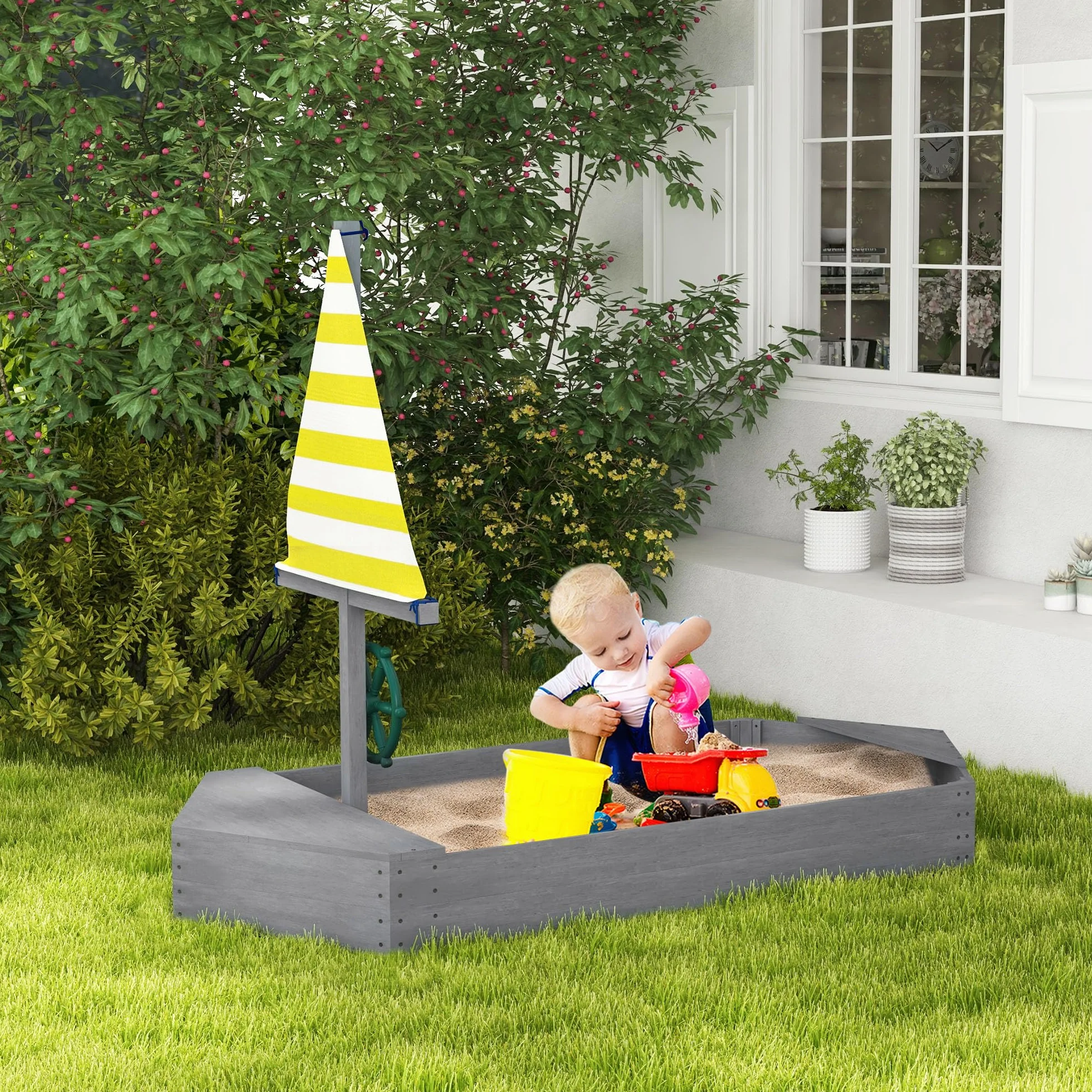 Outsunny Bac à Sable Enfant extérieur en Bois avec sièges, gouvernail | Drapeau, de 3 à 8 ans, capacité de sable 330 kg, gris foncé
