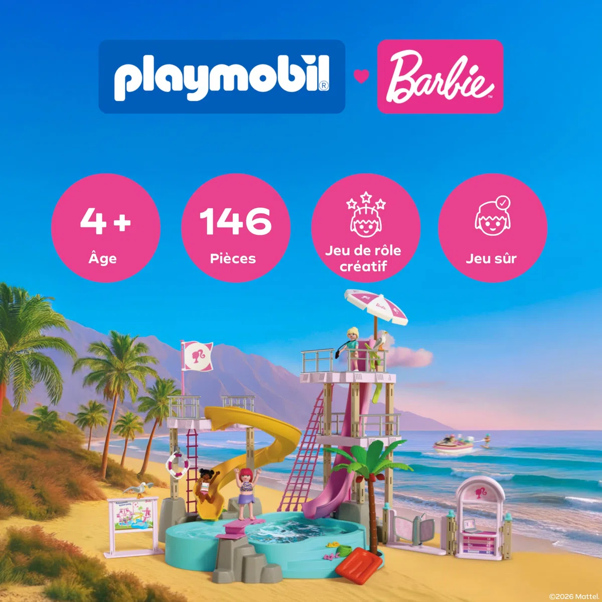 Playmobil, Barbie, Parc Aquatique, Aventures d’été avec Barbie, Nikki et Daisy, Grand Parc Aquatique remplissable avec de l’Eau réelle, Rêves d’été à Malibu pour Enfants à partir de 4 Ans, 72120