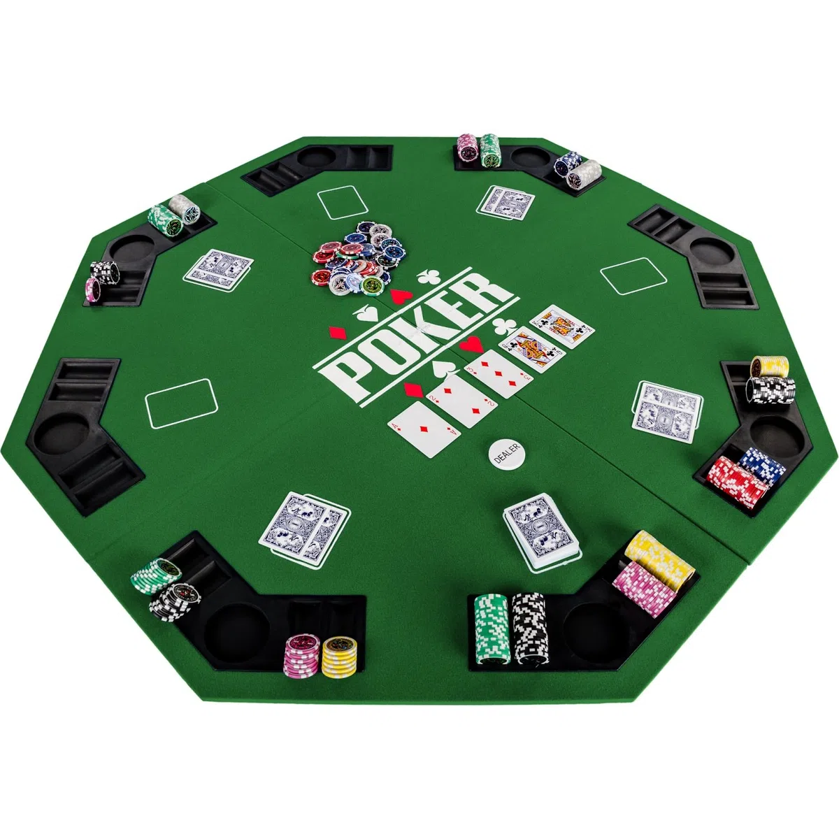 GAMES PLANET Support de Poker Pliable Full House pour jusqu'à 8 Joueurs, octogonal, Dimensions 120 x 120 cm, Plateau en MDF, 8 Porte-Boissons, 8 chiptrays, Vert