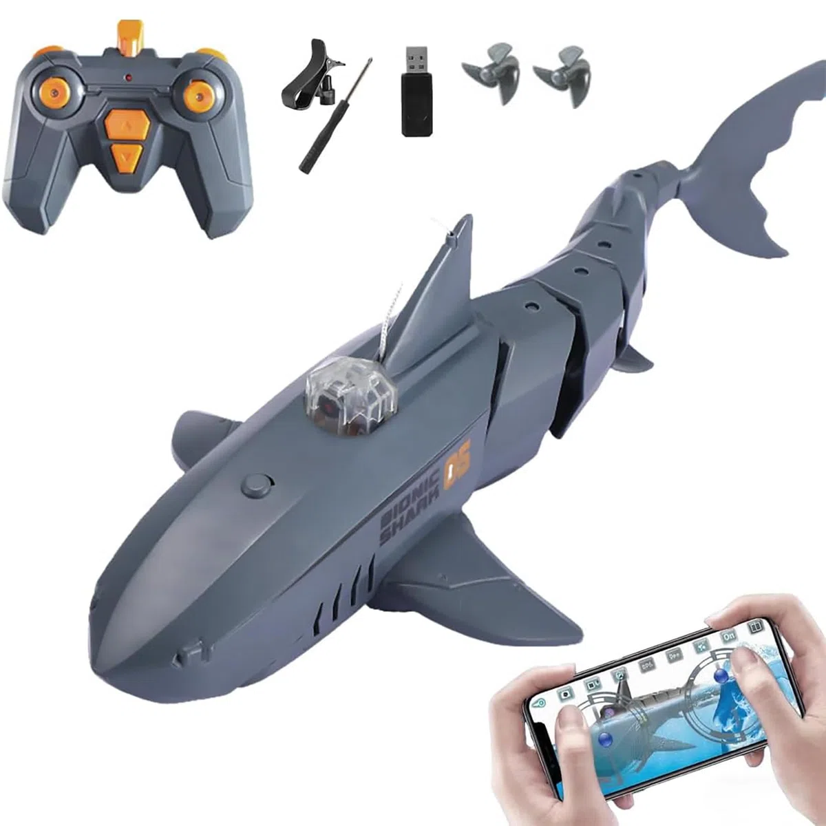 Générique Requin télécommandé avec caméra sous-Marine HD, Bateau Poisson électrique RC 2,4G pour l'eau avec entraînement à Double hélice, contrôle Double APP et télécommande pour Adultes,Gris