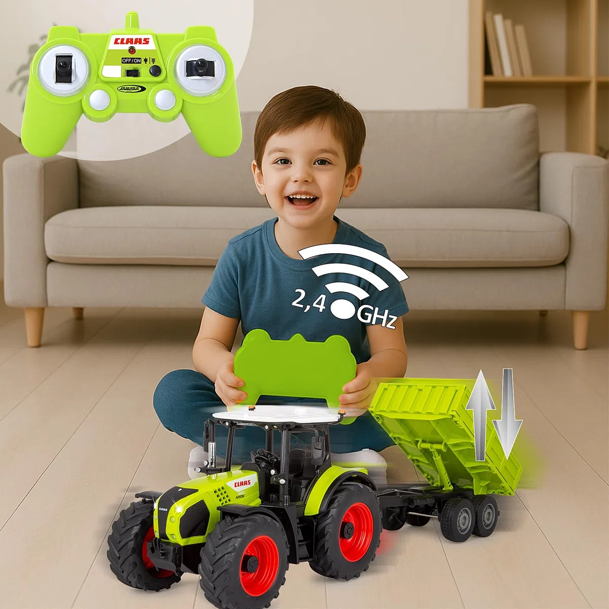 JAMARA Claas Arion 660 405360 avec remorque à Bascule 1:24 2,4 GHz – Jouet Tracteur télécommandé, véhicule pour Enfants, modèle agricole, Cadeau pour Enfants, lumière, attelage de remorque