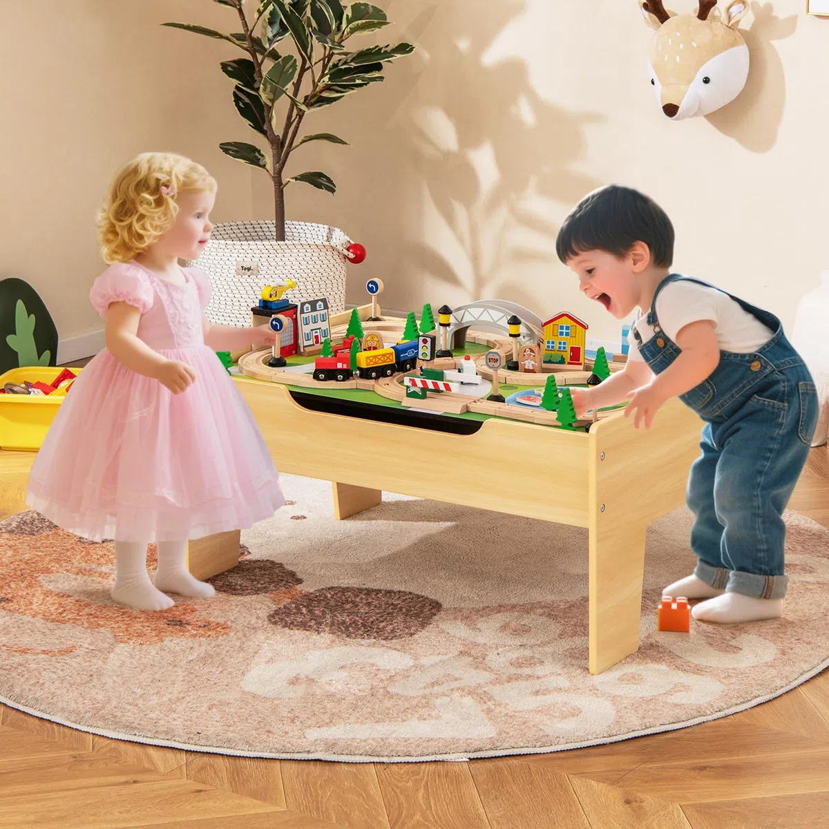 GOPLUS 100Pcs Table Circuit de Train Enfant en Bois, 2 en 1 Table Rail de Train Enfants 3 + Ans Pistes Tiroir de Rangement, pour Garçons et Filles 3 Ans+ (79x51x15CM|100 PCS)