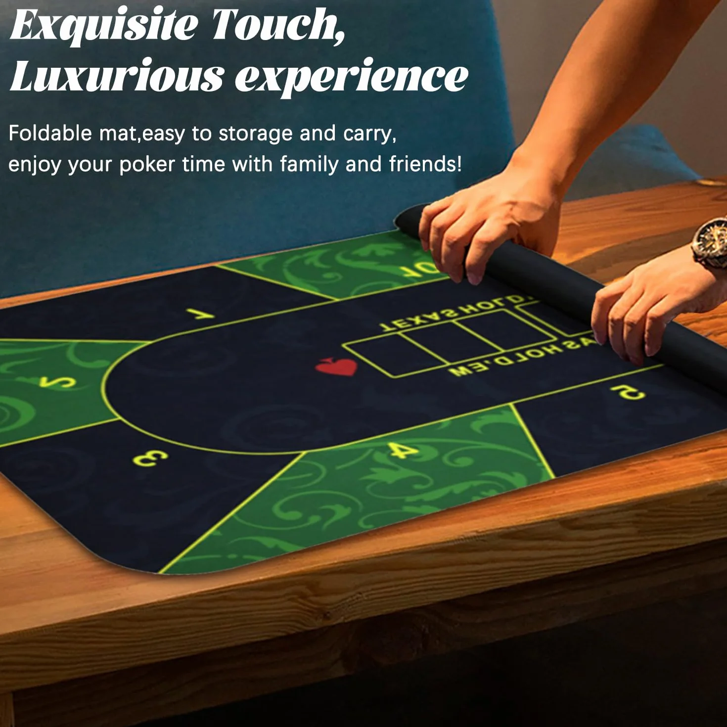 Tapis de poker 180 x 90 cm, tapis de poker Texas Hold'em en caoutchouc pour 10 joueurs, dessus de table de poker portable, pour cartes à jouer, jeux de poker, blackjack, casino, avec sac de transport
