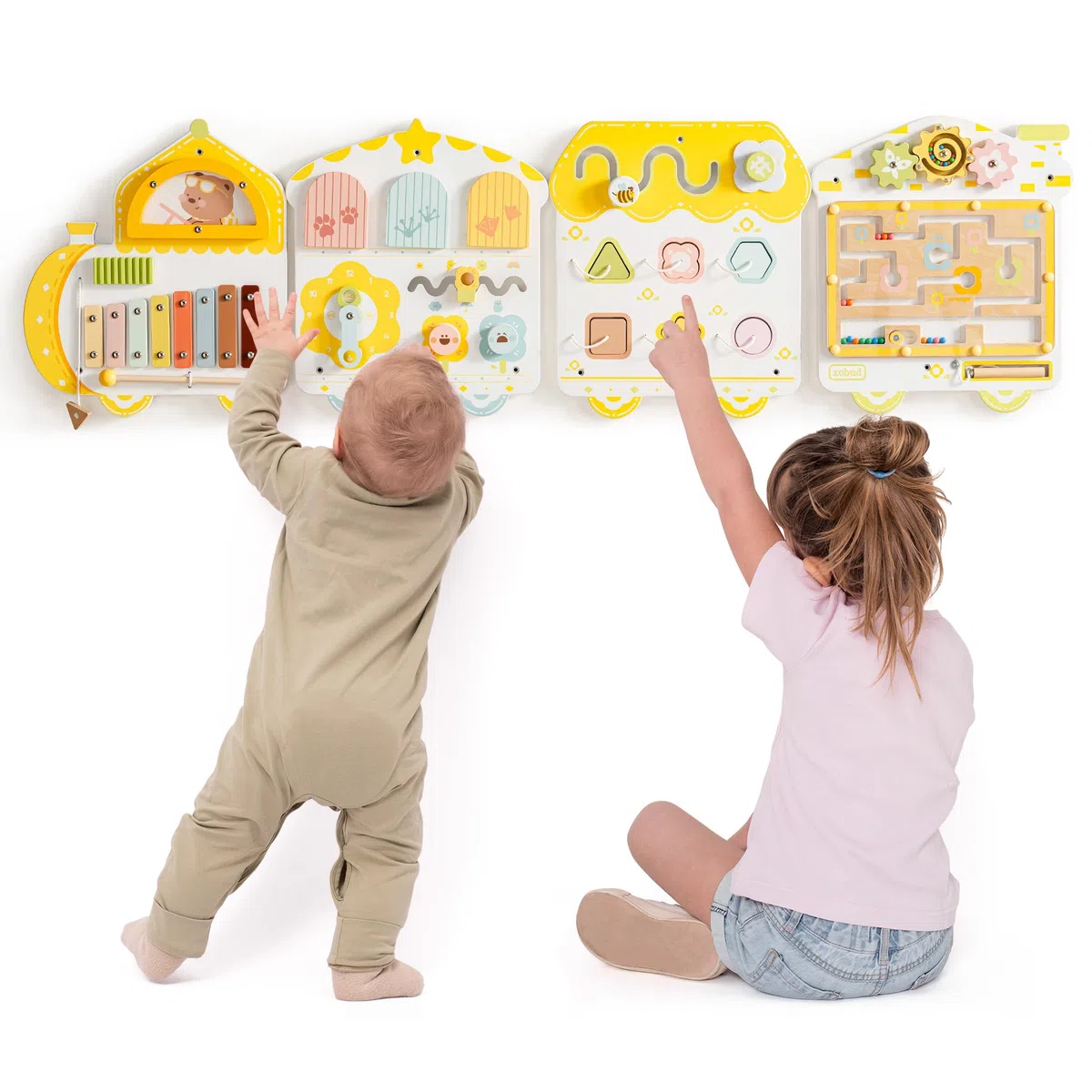 ROBUD Montessori Busy Board à partir de 18 Mois – Tableau d'activités Mural 12 en 1 en Bois avec Xylophone, Tambour, Tableau météo, Horloge, Formes, Engrenages et Labyrinthe magnétique