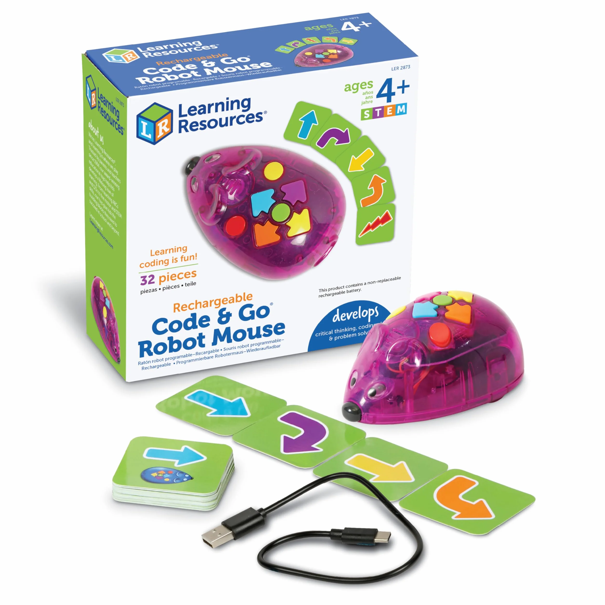 Learning Resources Code & Go Robot Souris Rechargeable, Jouets Mixte, Robot programmable interactif sans écran, dès 4 Ans