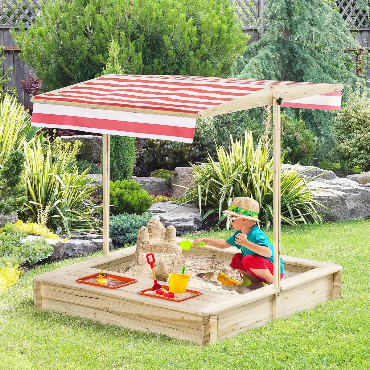 Outsunny Bac à Sable Bois carré dim. 1,18L x 1,18l x 1,18H m - Hauteur, Inclinaison Toit réglables, refermable - 2 bacs - Bois Sapin Autoclave