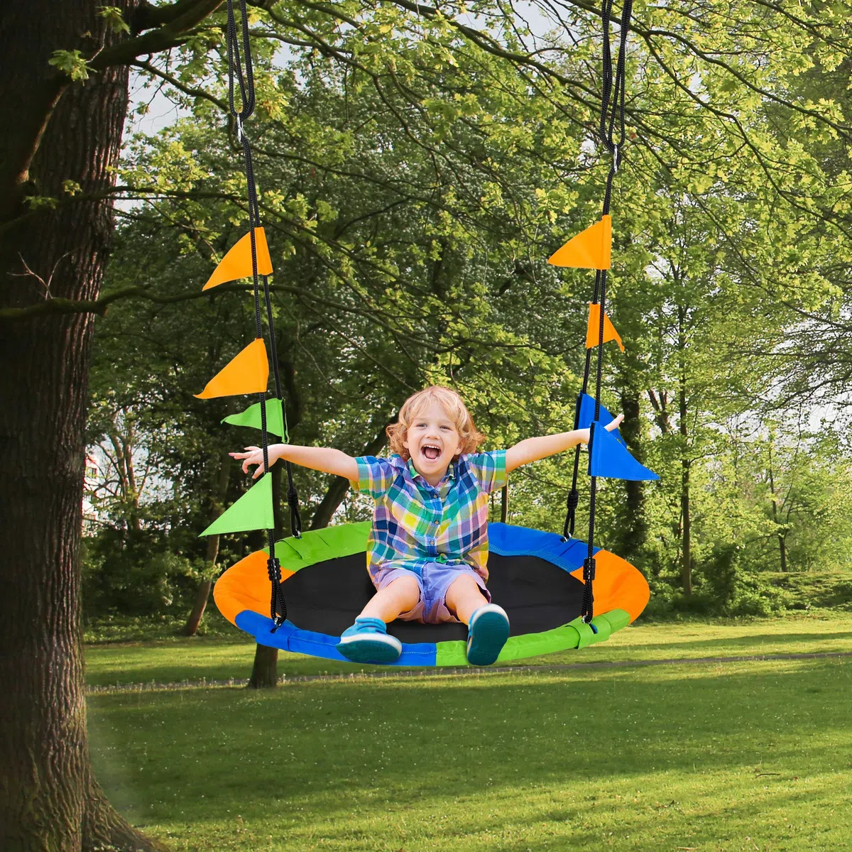 Outsunny Balançoire nid d'oiseau Ronde Ø 100 cm, Multicolore | Pour enfant et adulte, 2 anneaux, drapeaux inclus, poids max. 80 kg, métal époxy PP Oxford haute densité,