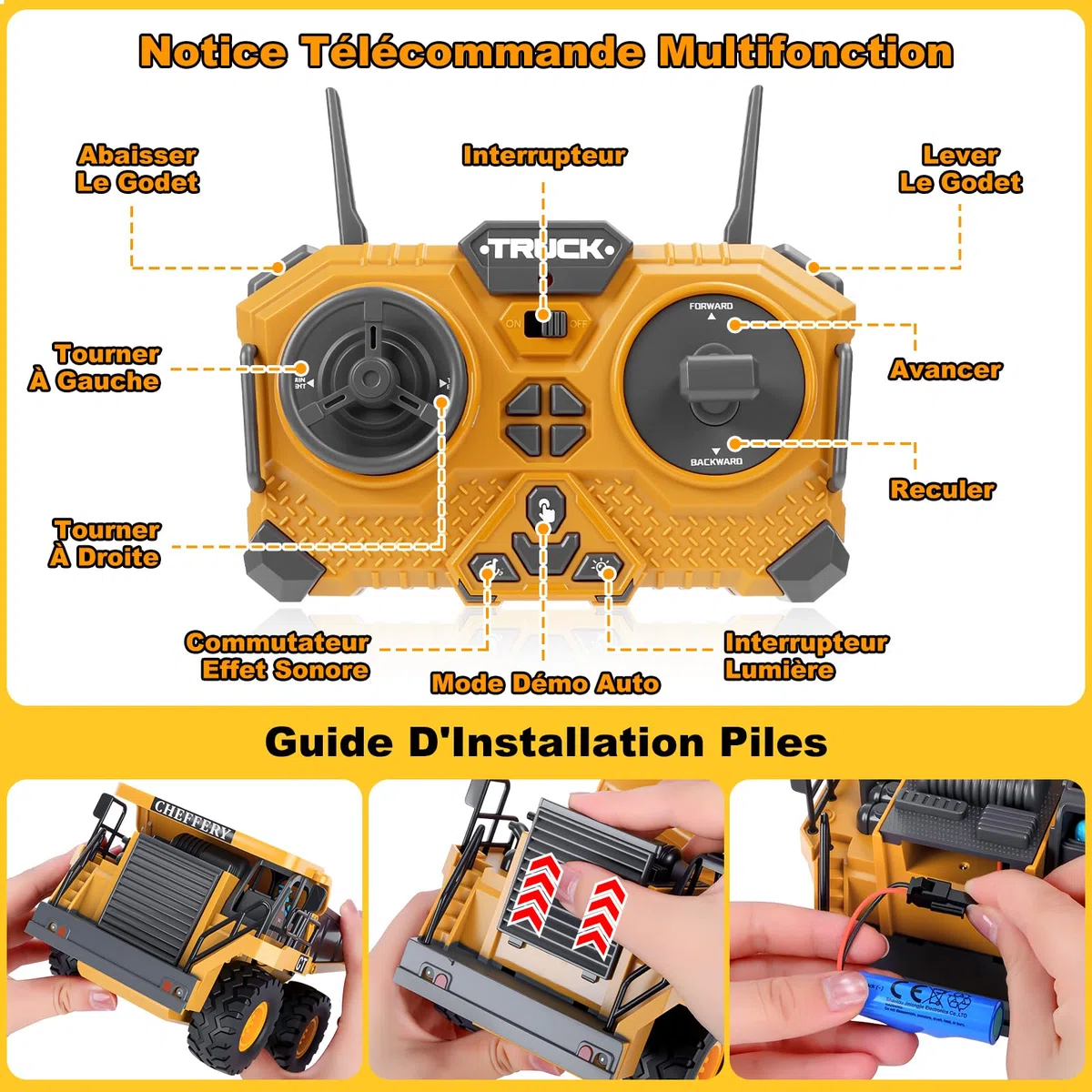 Camion Benne Télécommandé, Véhicule de Construction RC pour Enfants avec Lumière et Musique, 9 Canaux Camion Benne Jouet, Chantier Télécommandée Cadeau pour Garçon de 3 4 5 6 7 8 Ans