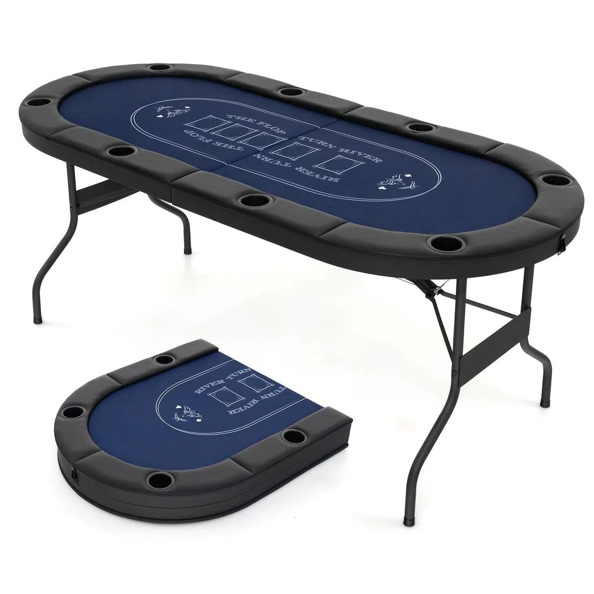 DREAMADE Table de Poker Pliable pour 8 Joueurs, Table de Poker Texas Hold’em Pliante avec Rebord Rembourré, Porte-gobelets en Métal, Surface en Feutre de Qualité Casino (Bleu)