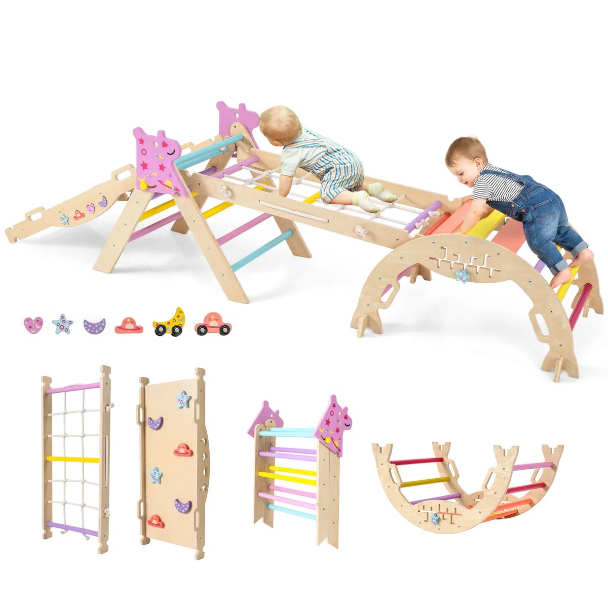 HOMASIS 4 en 1 Triangle à Grimper Montessori, Cadre d'escalade avec Arche, Rampe, Corde & Échelle, Aire de Jeux Éducative pour Enfants 3 Ans+ (Licorne, Couleur)