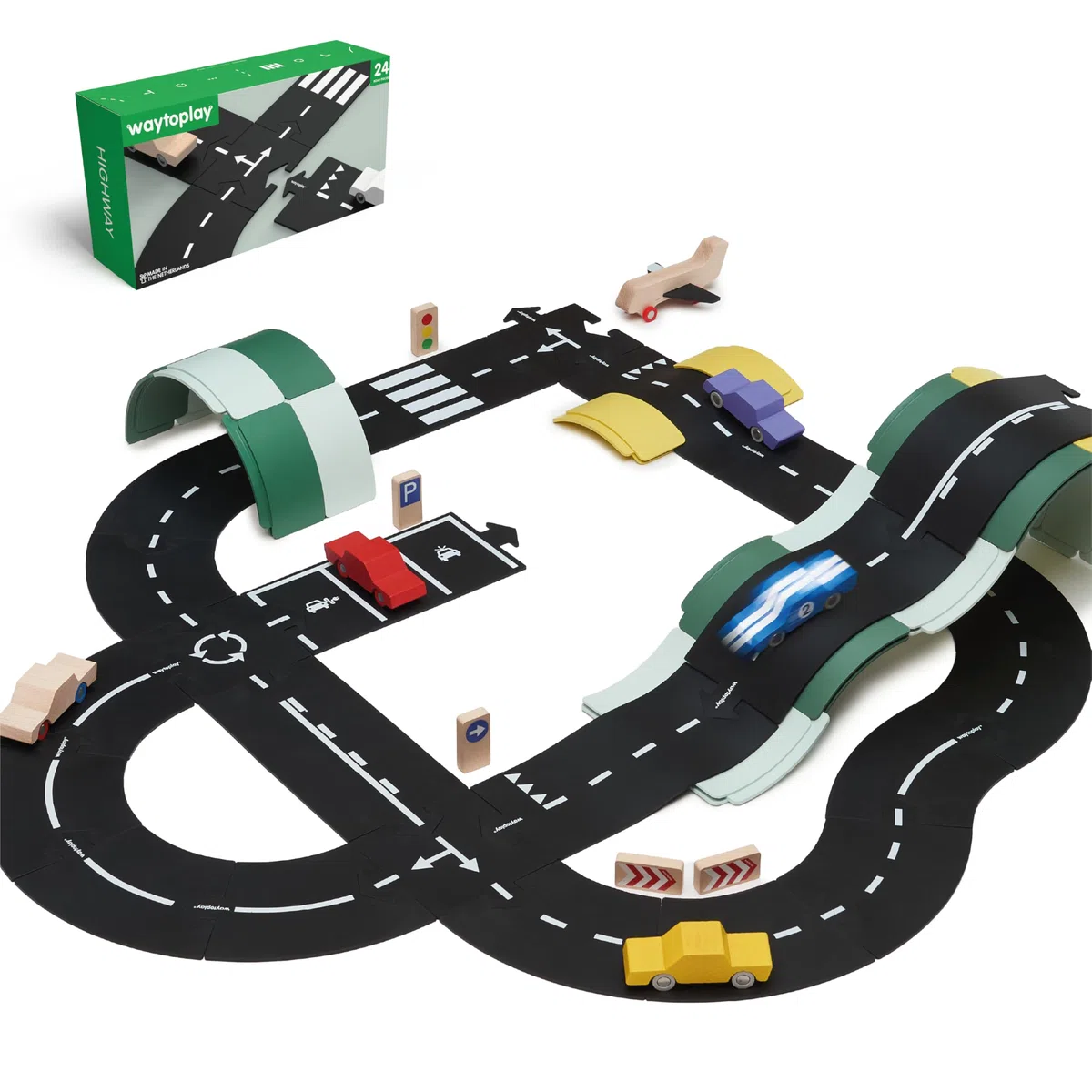 Waytoplay Circuit Highway de 24 pièces pour Petites Voitures - Circuit Flexible, Durable et étanche - Circuit de Voiture à Assembler de 3,8 mètres - Fabriqué aux Pays-Bas