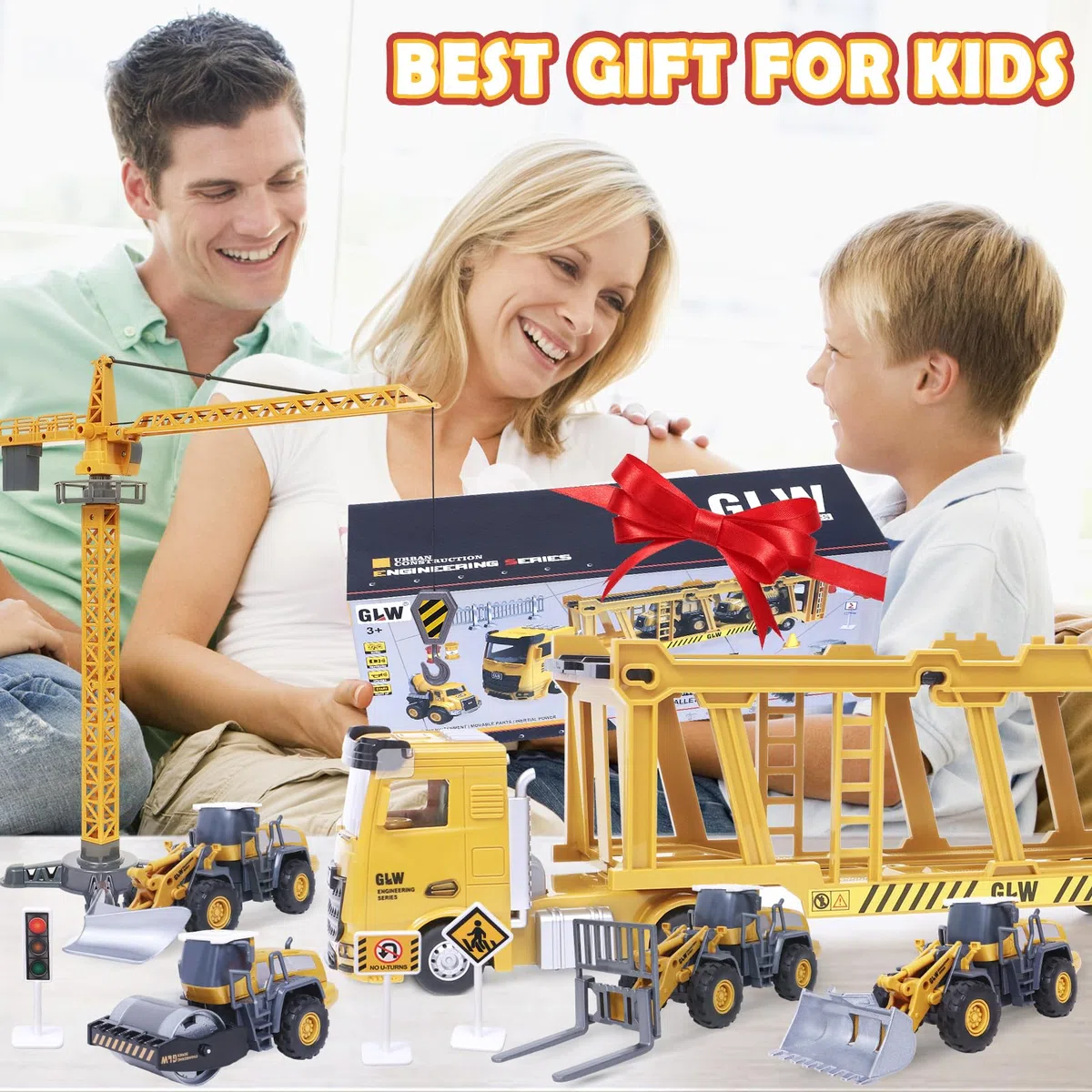 Véhicule Chantier Jouet Enfant avec Camion de Construction, Grue à Tour, Bulldozer, Rouleau compresseur, Chariot élévateur, Véhicules de Construction Grand Camion Cadeau Enfant Garçon 3 4 5 6 7 ans