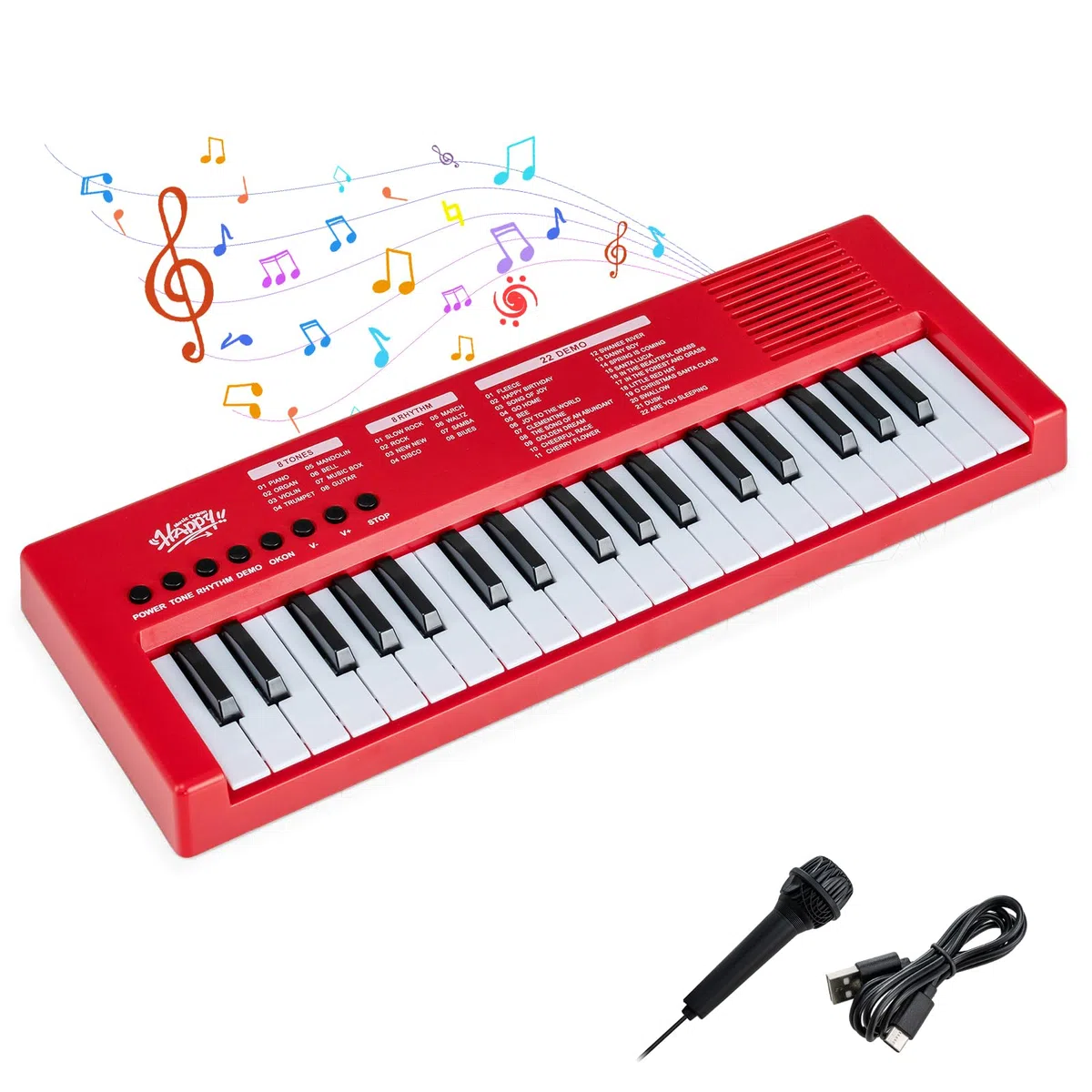 COSTWAY Clavier Piano Enfants 37 Touches avec Microphone, Piano Numérique Portable avec 8 Rythmes, 8 Tonalités, 22 Démos, Haut-parleurs, Jouet Musical Éducatif pour Garçons Filles 3 Ans+ (Rouge)