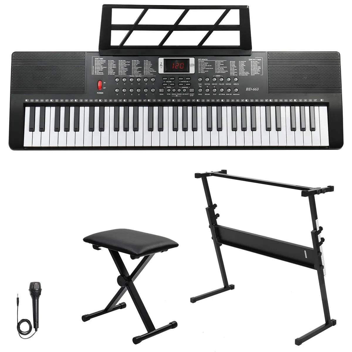 Bonnlo GEP-110S01 Piano Numérique 61 Touches, Clavier avec Support et Tabouret de Piano, Haut-Parleurs Intégrés, Casque, Microphone, Pupitre, écran LED, 3 Modes d'Apprentissage, Noir