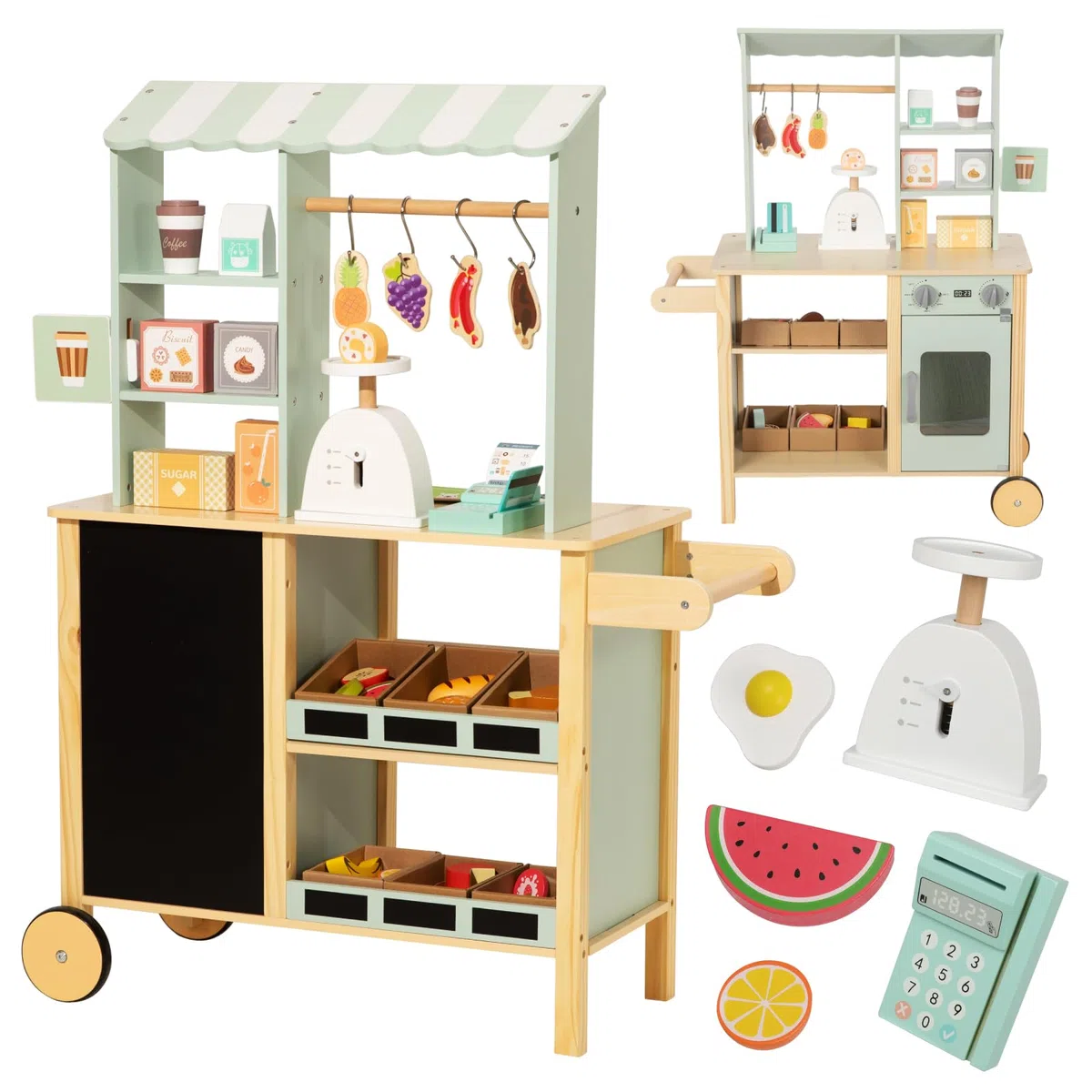 Nene Toys Marchande Enfant en Bois – Stand Marchande / Épicerie Tout-en-Un avec Caisse enregistreuse, Balance, Ardoise, Bacs inclinés & Roulettes – Côté réversible avec Four – Jouet 3–7 ans