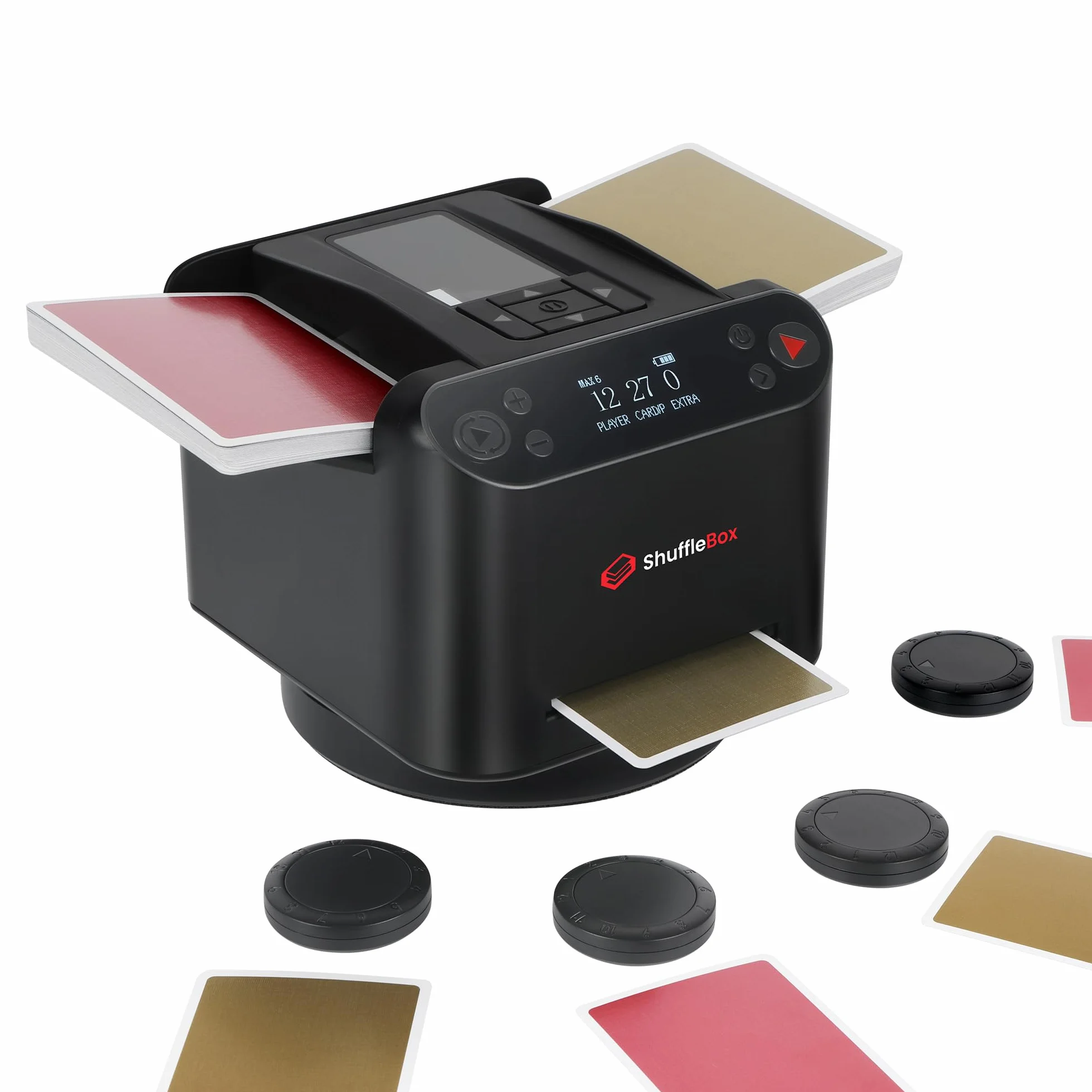 Shufflebox Automatique Mélangeurs de Cartes et Distributeur 2 en1, Ultra Silencieux, Rechargeable, Fonctionne avec UNO, Five Crowns, Monopoly Deal, Bicycle and Maverick Cards (Noir)