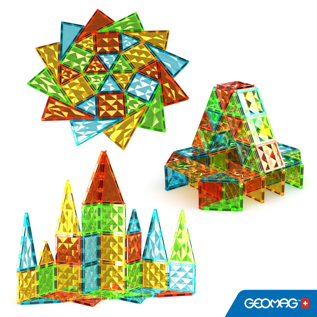 GEOMAG - Magnetic Tiles Gems 100 Pcs, Construction Magnetique Enfant, Tuiles et Bloc de Construction Magnétiques 4 Formes, Jeux Enfant 3 Ans +, Jeux Éducatifs Montessori STEM, Cadeau Noël Anniversaire