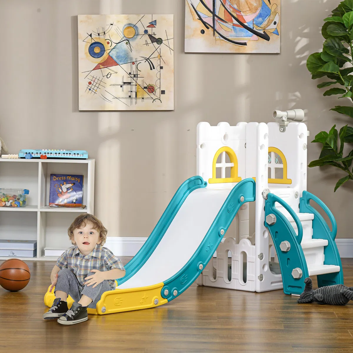 AIYAPLAY Toboggan pour Enfant 5 en 1 avec Panier de Basket Télescope Jaune | Espace de Rangement, Ballon, Escalade Antidérapante, Aire de Jeux Intérieur et Extérieur, pour Garçons et Filles 1-3 Ans