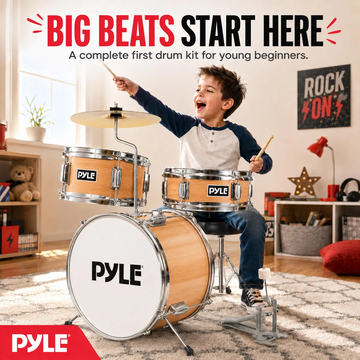 Pyle Set de Batterie Enfant – Kit de Batterie Musique Junior Débutant 3 Pièces avec Grosse Caisse de 33 cm, Caisse Claire, Tom, Cymbale, Siège Réglable, Sourdines, Baguettes, Naturel