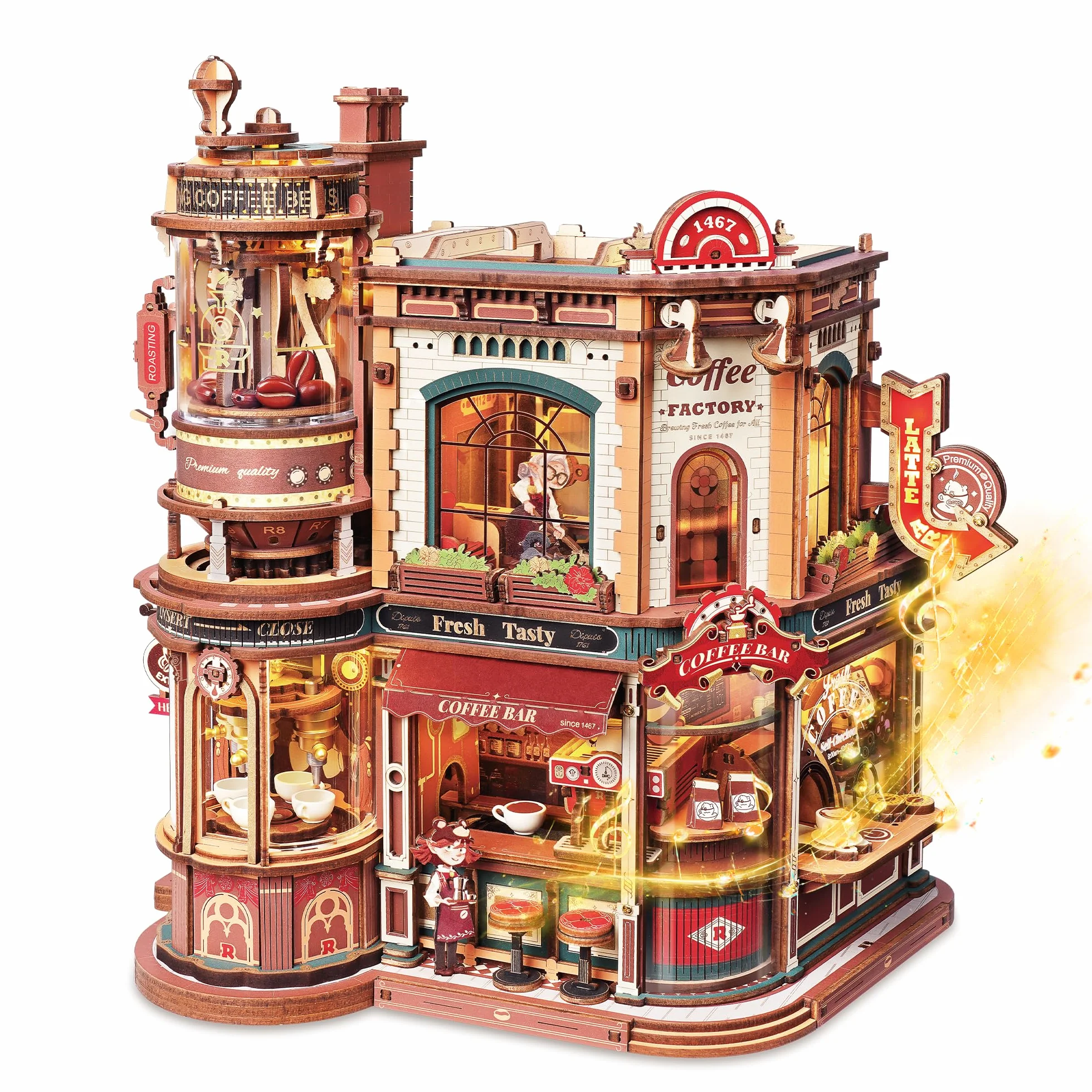 ROKR Puzzle 3D Bois Café du Coin,Maquette en Bois a Construire Boîte à Musique,Cadeaux DIY Faits À La Main pour Adultes Dream Coffee Factory,EAB02