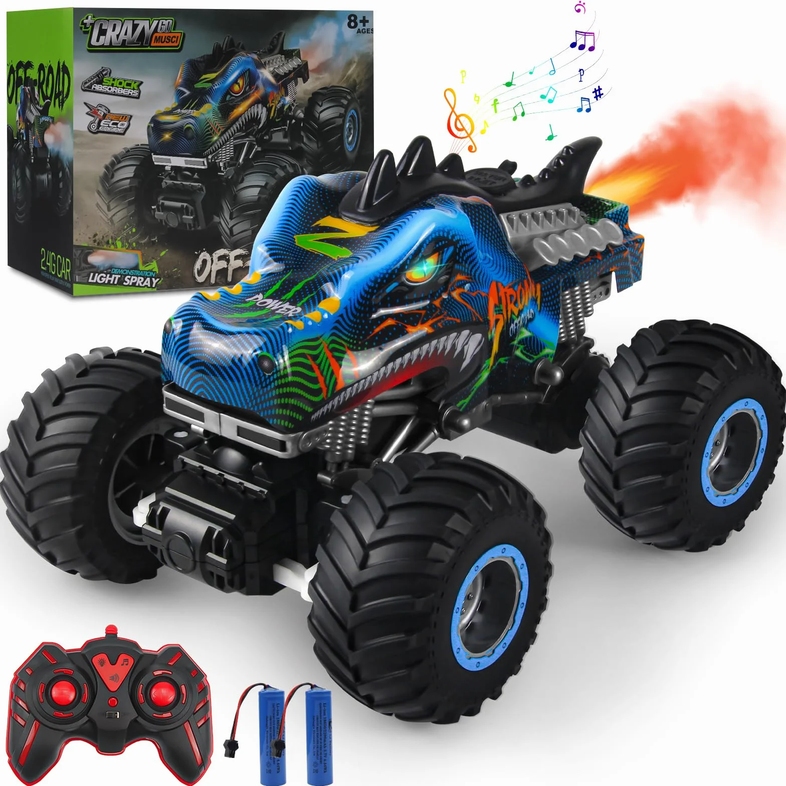 Voiture Telecommandé 1:16 RC Dinosaures Monster Truck 2.4GHz 20 Km/h Voiture Radiocommandée Tout Terrain Brume de Pulvérisation Musique Lumières LED Cadeau Les Enfants de 4 5 6 8 Ans Rouge