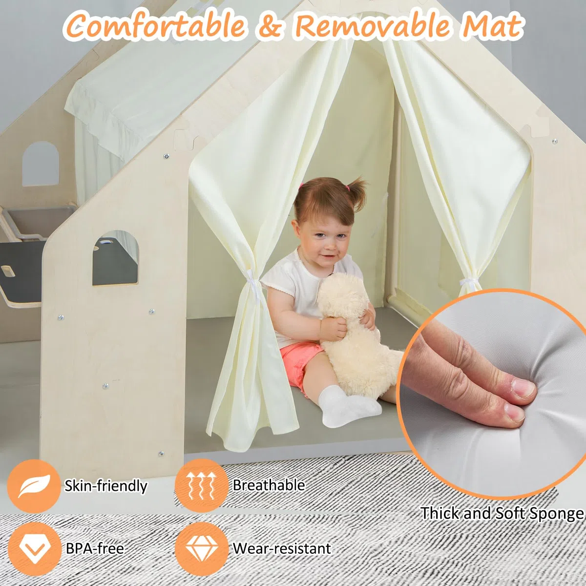HOMASIS 6 en 1 Tente avec Table à Dessin & Chaise, Maison de Jeu en Bois Intérieur avec 1/6 Boîte de Rangement, Cabane Enfant avec Tapis pour Enfants 2-6 Ans (131x98x113cm)