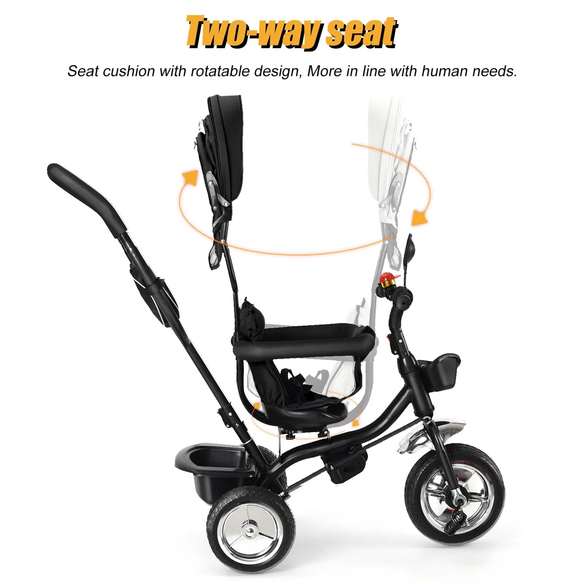HUOLE Tricycle Enfant Évolutif 4 en 1, Tricycle Bébé Évolutif avec Siège Réversible, Poignée de Poussée Réglable, Canne, Cloche, Rétroviseurs, Harnais de Sécurité pour Enfants 9 Mois à 5 Ans (Noir)