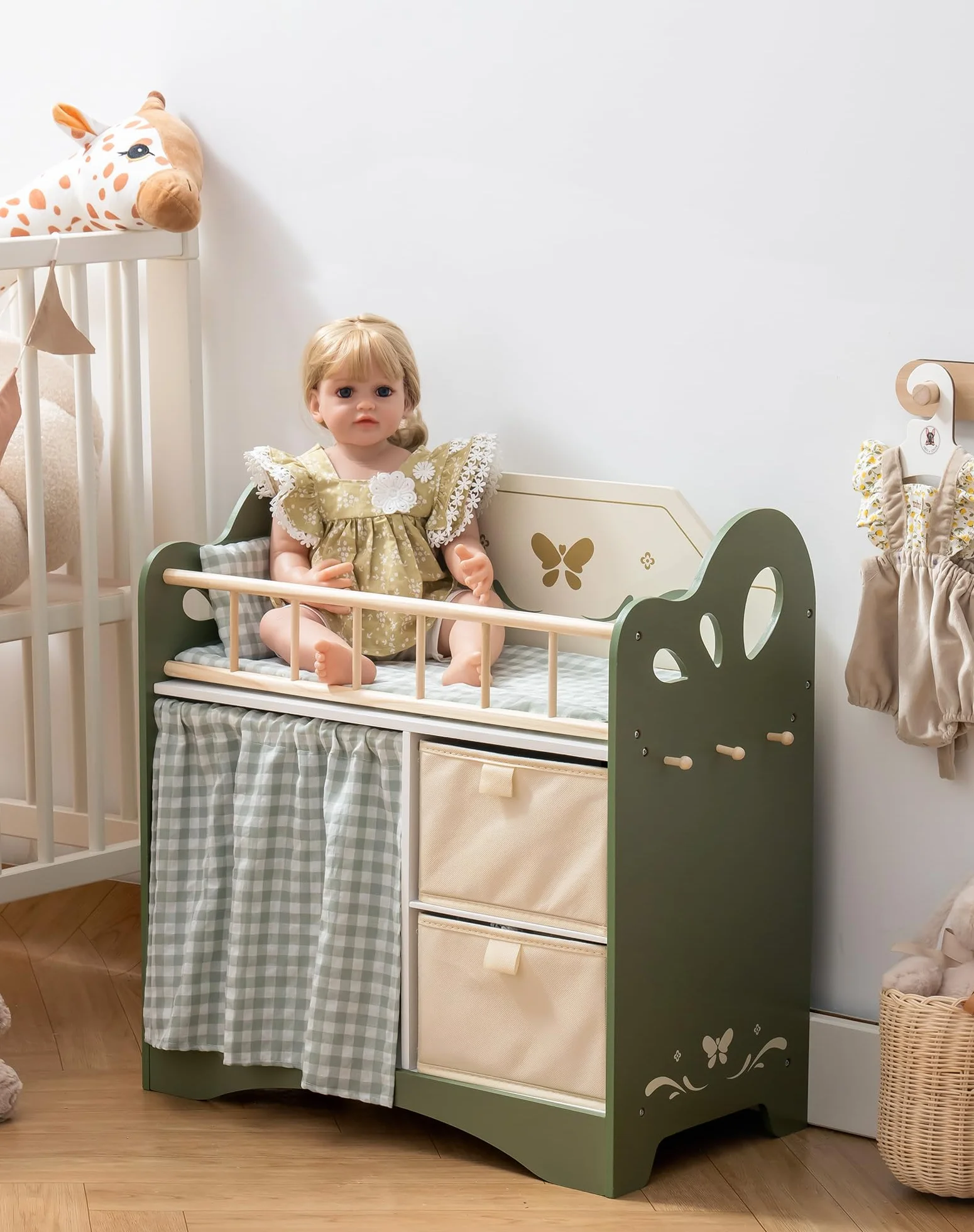 ROBOTIME lit en bois pour enfants et bébé, armoire de rangement et linge de poupée, adapté aux poupées jusqu'à 55 cm, dès 3 ans (vert)