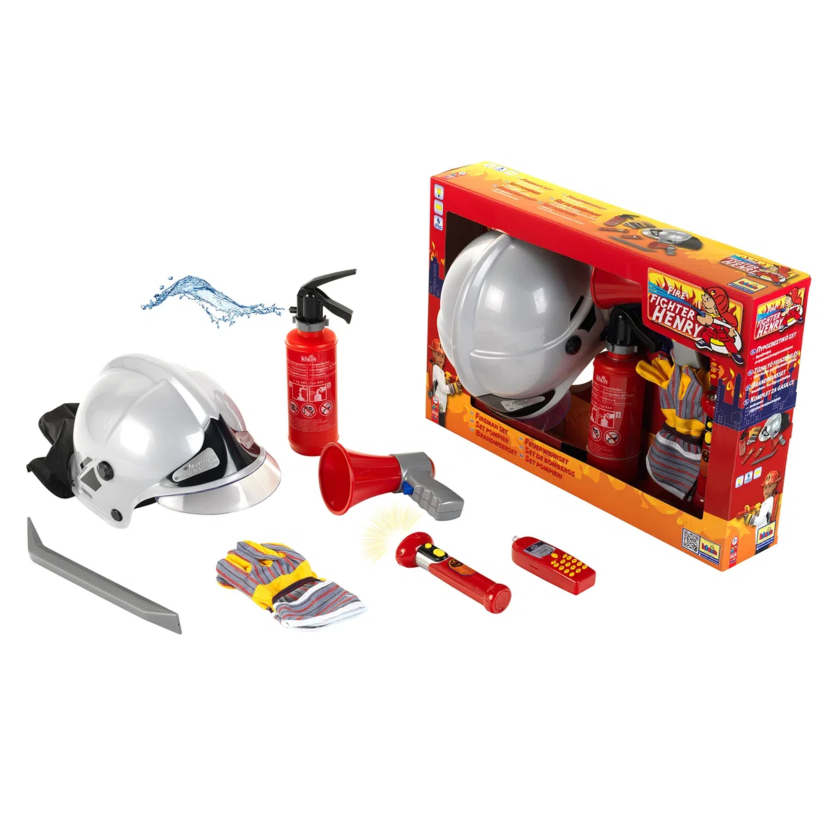 Klein 8928 Set de pompier | Avec 7 accessoires dont un casque, une lampe-torche électronique et beaucoup d’autres choses | Extincteur avec fonction pulvérisation | Dès 3 ans