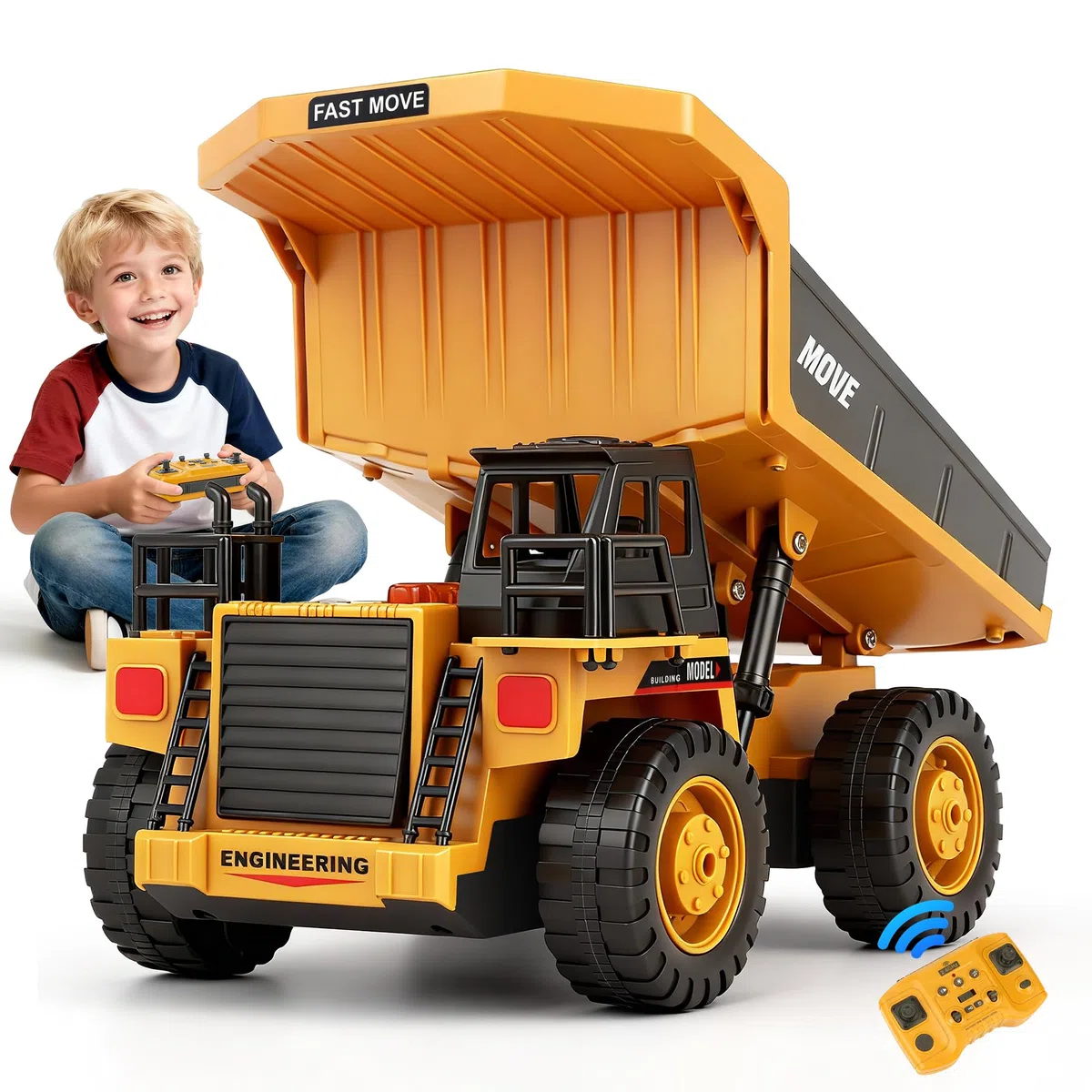 Camion-Benne Télécommandé avec 2 Batteries Chantier RC avec Benne Métallique, Lumières et Sons, Cadeau pour Enfants Garçons Filles de 3 4 5 6 7 8 Ans pour Intérieur et Extérieur