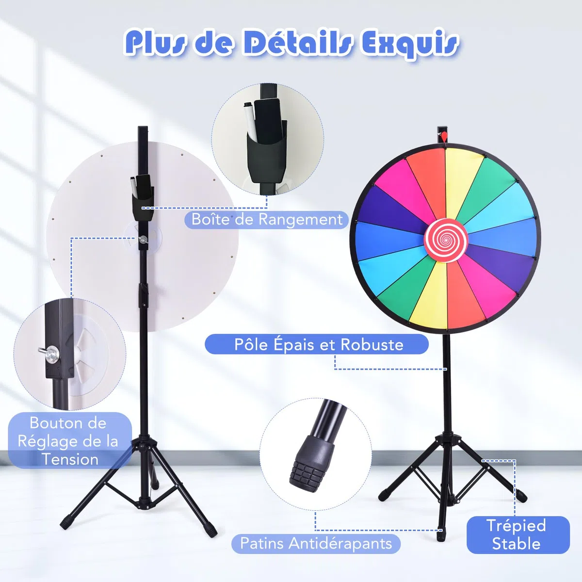 GOPLUS Roue de la Fortune 24 Pouces sur Pied, Prize Wheel 14 Grilles, Hauteur Réglable, avec Stylo Effaçable, Gomme et Pointeur, Trépied Stable et Antidérapant, pour Fêtes, Loterie et Activités