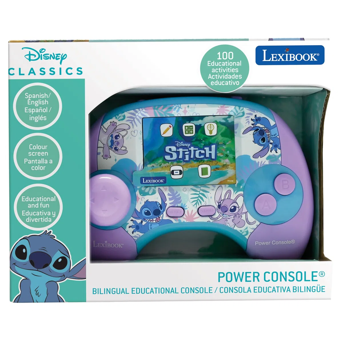 Lexibook, Power Console Stitch, 100 activités éducatives, bilingue Anglais-Espagnol, 5 catégories d'apprentissage, écran de 2,8", Rechargeable USB-C, JCG100Di2