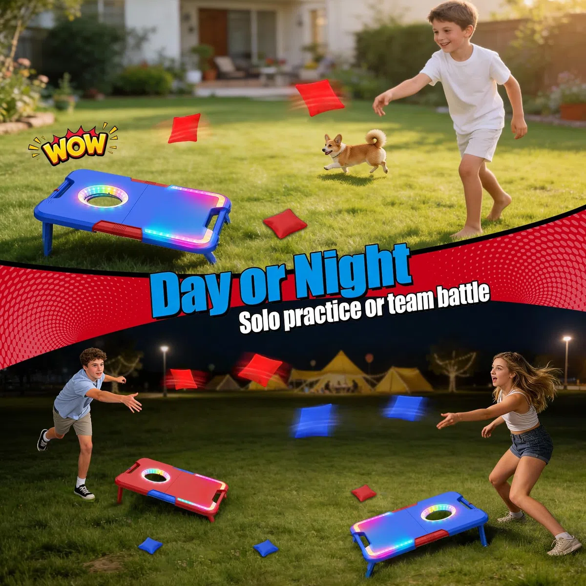 Jeu de Cornhole Illuminé avec Effets Sonores, 2 Planches Pliables & 8 Sacs de Fèves, Jeu de Lancer Portatif pour Extérieur,Jouets pour Fêtes dans la Cour & Camping,Cadeau pour Enfants et Famille,6-12+