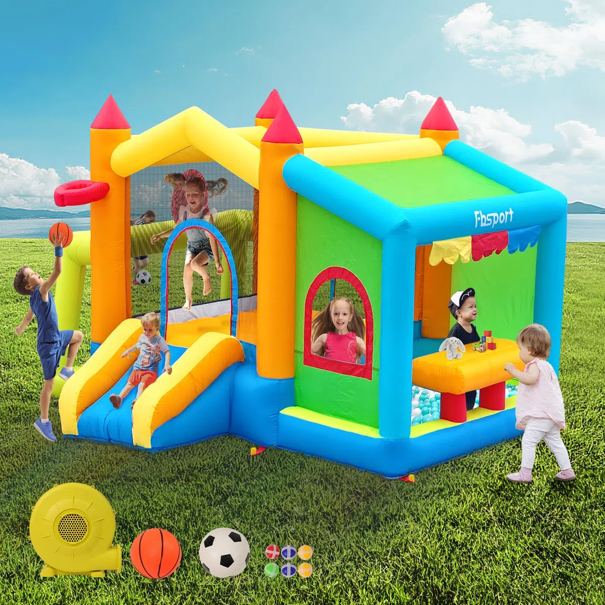 FBSPORT château Gonflable Exterieur Enfant avec souffleur Aire de Jeux Gonflable château Gonflable Piscine Meilleur Cadeau de Vacances/d'anniversaire pour Les Enfants