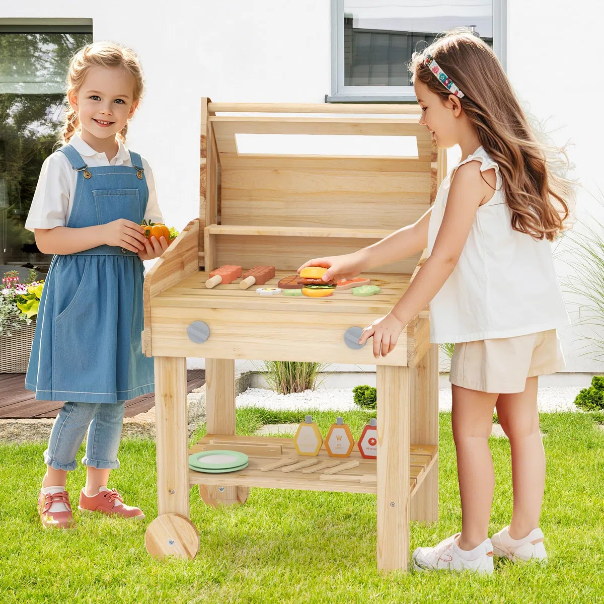 HOMASIS Cuisine de jouet d'extérieur pour barbecue avec ustensiles de barbecue et pots d'épices, ensemble d'imitation de cuisine pour enfants de 3 ans et plus, 53 x 36 x 63 cm, naturel