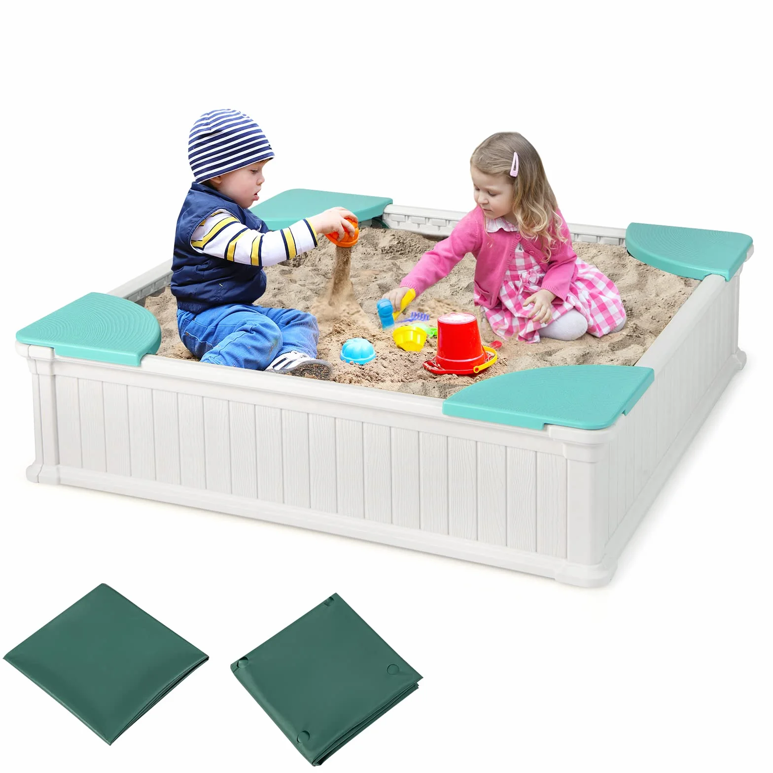 COSTWAY Bac à Sable Enfant Extérieur en HDPE avec 4 Bancs, Bac à Sable avec Couvercle en Tissu et Doublure, Charge 50kg de Chaque Banc, Jeux Extérieur pour Jardin Terrasse Cour, 3 Ans+ (Blanc)