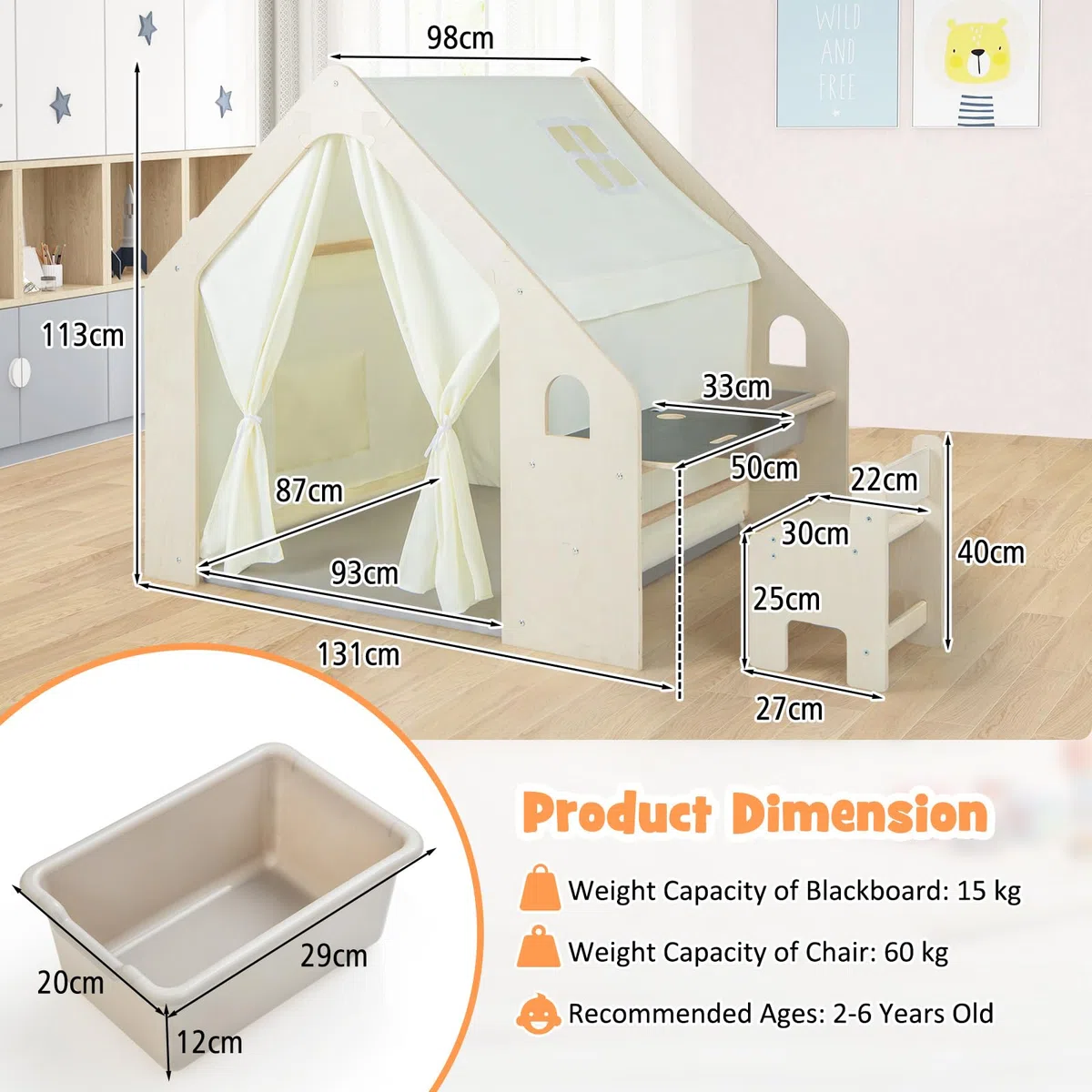 HOMASIS 6 en 1 Tente avec Table à Dessin & Chaise, Maison de Jeu en Bois Intérieur avec 1/6 Boîte de Rangement, Cabane Enfant avec Tapis pour Enfants 2-6 Ans (131x98x113cm)