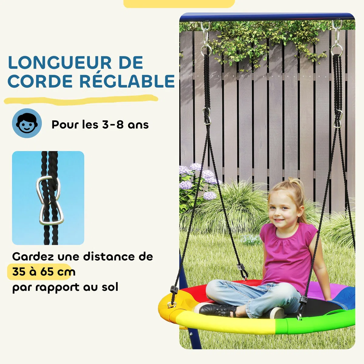 AIYAPLAY Portique Balancoire Exterieur 6 en 1 3 Balançoires Métal 160 kg | Balançoire Enfant Extérieur, Panier de Basket, Échelle d'Escalade et Filet, pour Enfants 3-8 Ans, Multicolore