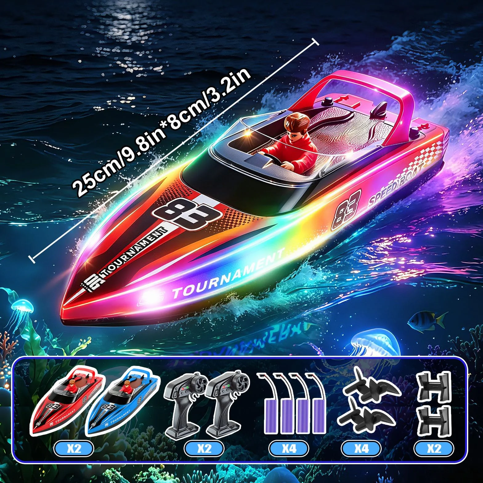 YOOHBERRYS Bateau Télécommandé 2 Pièces, 2,4 GHz Bateau Telecommandé Enfant, Bateau de Course RC 15+ km/h avec Lumière LED pour Piscines et Lacs (2PCS)