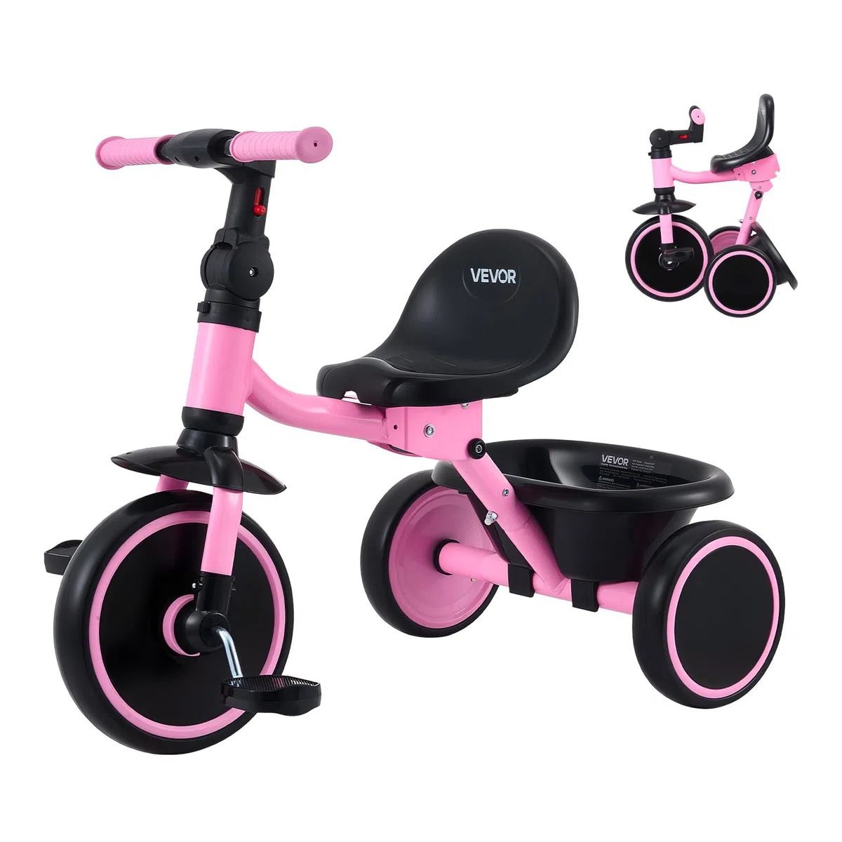 VEVOR Tricycle pour Enfant de 2 à 5 Ans, Tricycle Préscolaire Pliable avec Siège Réglable et Panier, Cadre en Acier au Carbone, Poignées de Guidon, Cadeau d'anniversaire pour Garçons et Filles