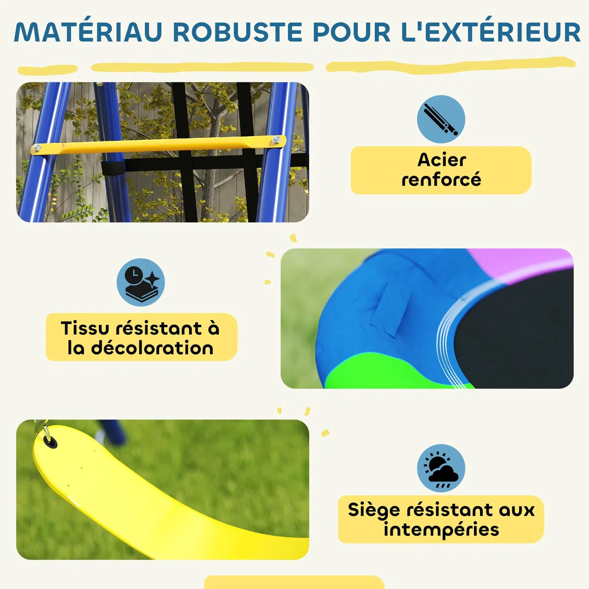 AIYAPLAY Portique Balancoire Exterieur 6 en 1 3 Balançoires Métal 160 kg | Balançoire Enfant Extérieur, Panier de Basket, Échelle d'Escalade et Filet, pour Enfants 3-8 Ans, Multicolore