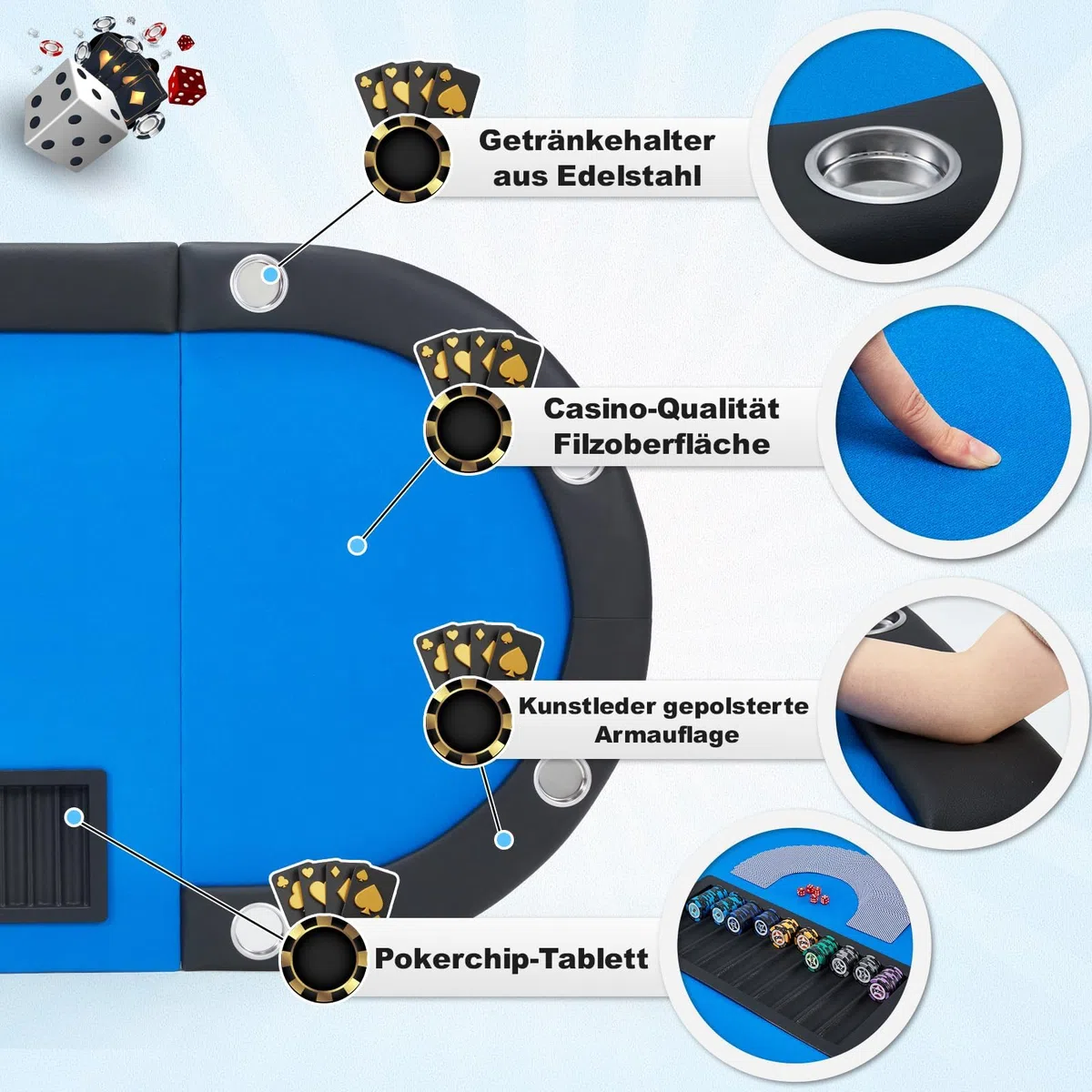 AVAWING Table de poker pliable pour 9 joueurs, table de jeu avec porte-gobelet en acier inoxydable, table de poker
