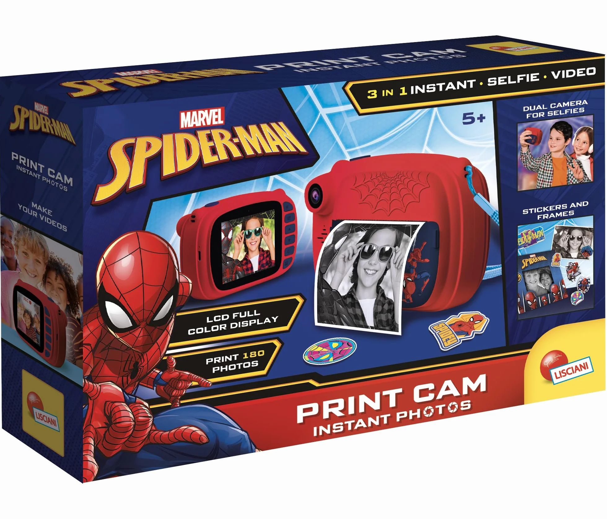 Lisciani - SPIDER- MAN Print CAM - Appareil Photo Instantané - HiTech Educatif - Ecran Couleur 4 Pouces - Double Caméra pour Selfie - Vidéo - 180 Photos - Cadres et Autocollants - Dès 5 ans