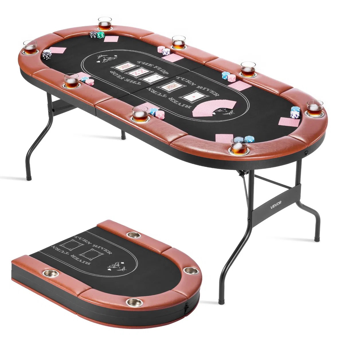 VEVOR Table de Poker Pliable de 183 cm pour 8 Joueurs, Table de Casino Ovale pour Blackjack et Texas Holdem, avec Rails Rembourrés et Porte-Gobelets, pour Jeu de Cartes Jeu de Société, Maison