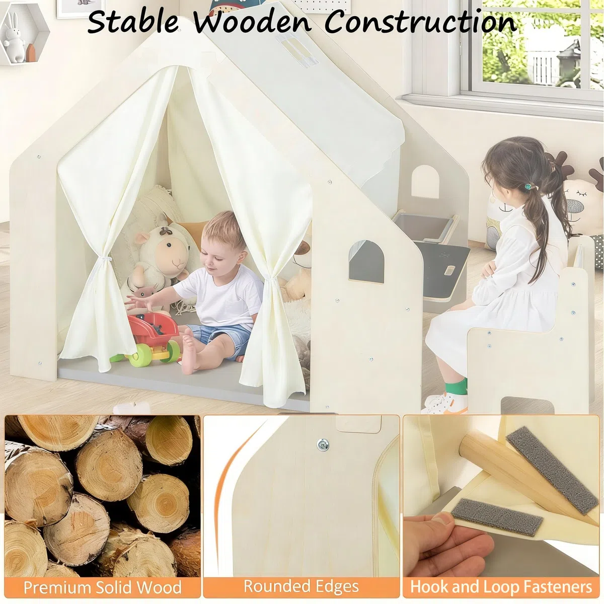 HOMASIS 6 en 1 Tente avec Table à Dessin & Chaise, Maison de Jeu en Bois Intérieur avec 1/6 Boîte de Rangement, Cabane Enfant avec Tapis pour Enfants 2-6 Ans (131x98x113cm)