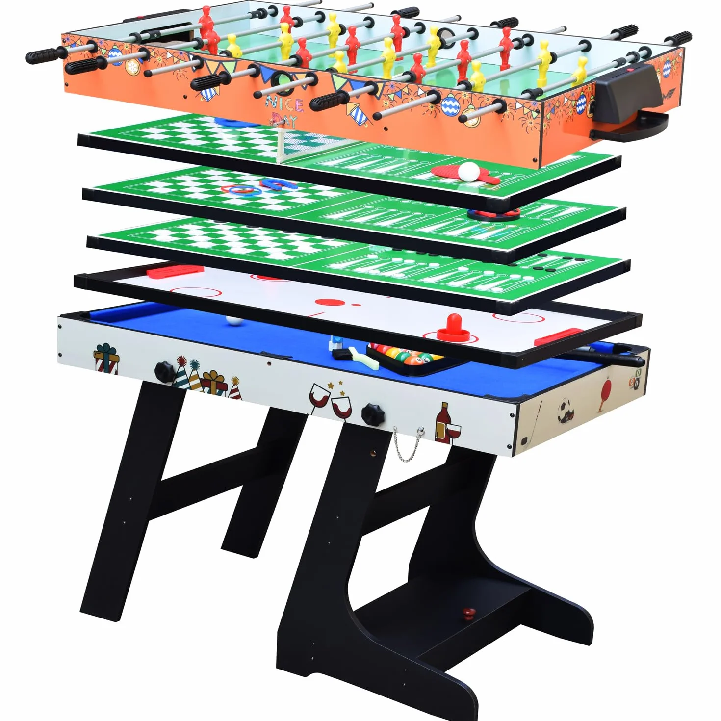 OYE 4FT 8 en 1 Zusammenklappbar multifunkniertes Jeu de Table - Football de Table(Tischkiker)/Tennis de Table/Hockey à air/Table de Billard, MDF
