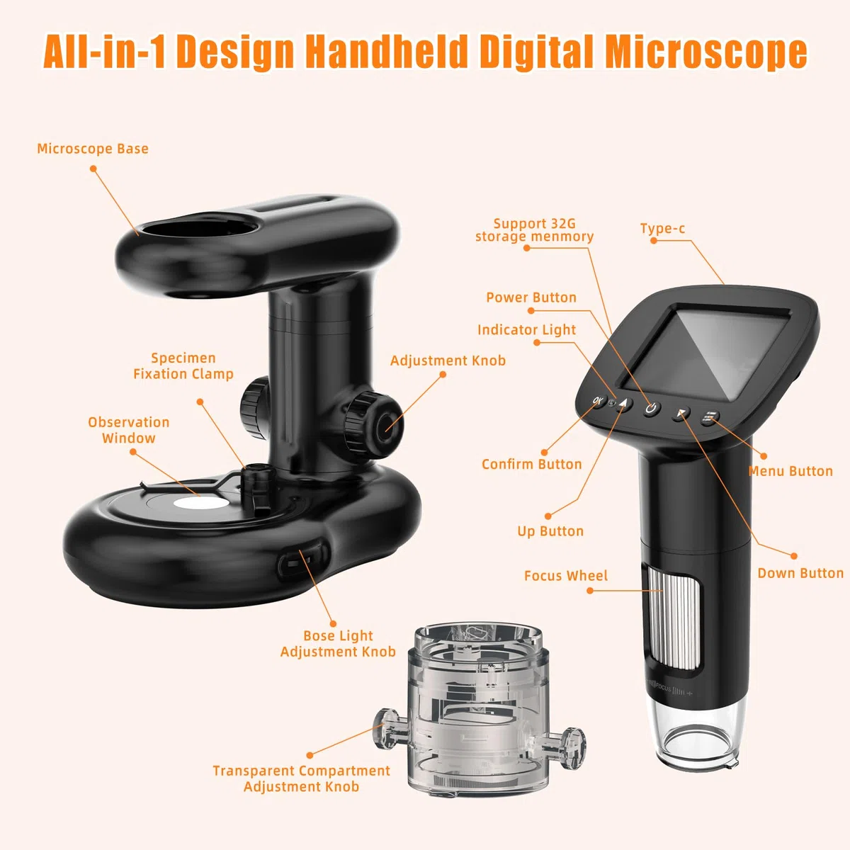 Microscope numérique pour enfants avec écran IPS de 2", HD 1080p, kit scientifique de poche pour enfants, livré avec carte SD de 32 Go