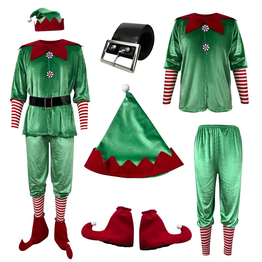 Generisch Costume de Père Noël pour enfants : chemisier, pantalon, bonnet, couvre-bottes – Parfait pour les garçons adolescents, pour le cosplay, les spectacles de réunions de famille.