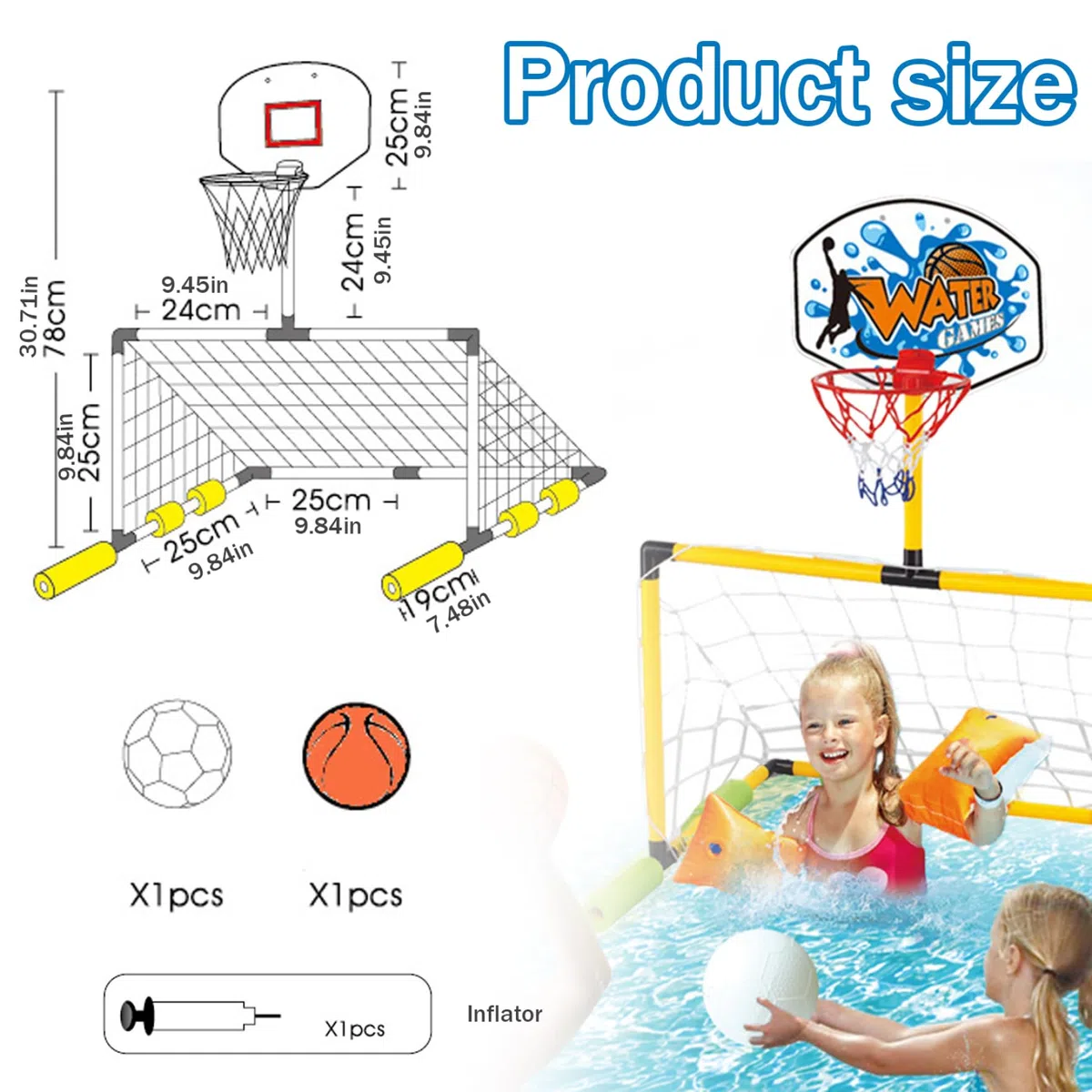 Cerceau de Basket-Ball Flottant pour Piscine, But de Football 2 en 1 et Panier Basket-Ball Piscine détachable avec 2 balles pour Enfants et Adultes